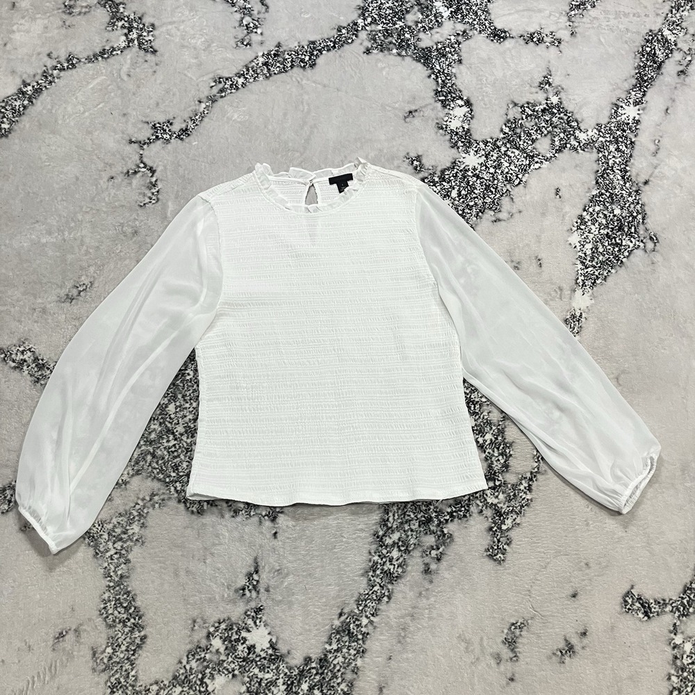 Halogen Womens White Smocked Blouse Size L Long Sleeve Sheer Sleeve Top NWOT